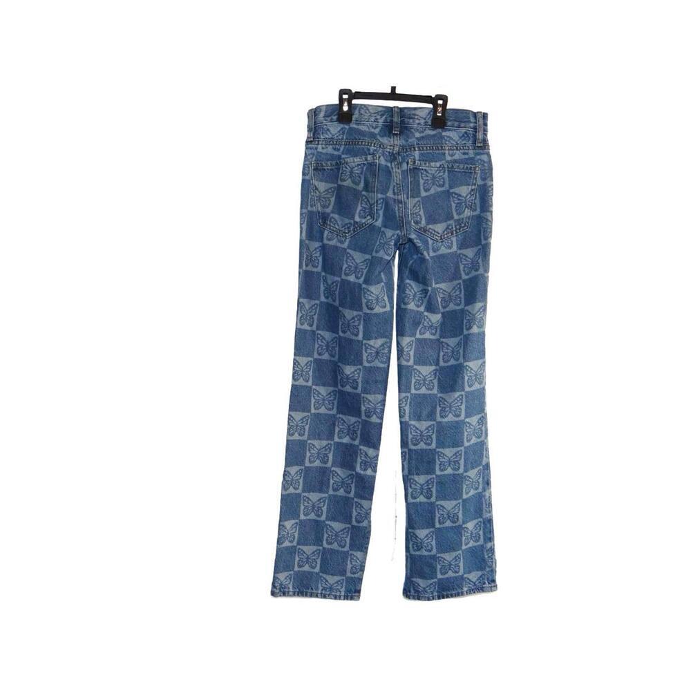 PacSun Girls Blue Butterfly Checkerboard Low Rise Straight Leg Jeans Size 23